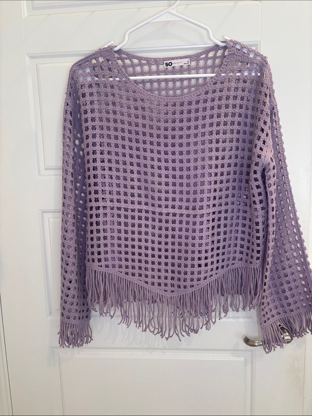 SO Size S Lavender Crochet Open Knit Fringe Boho Sweater Top